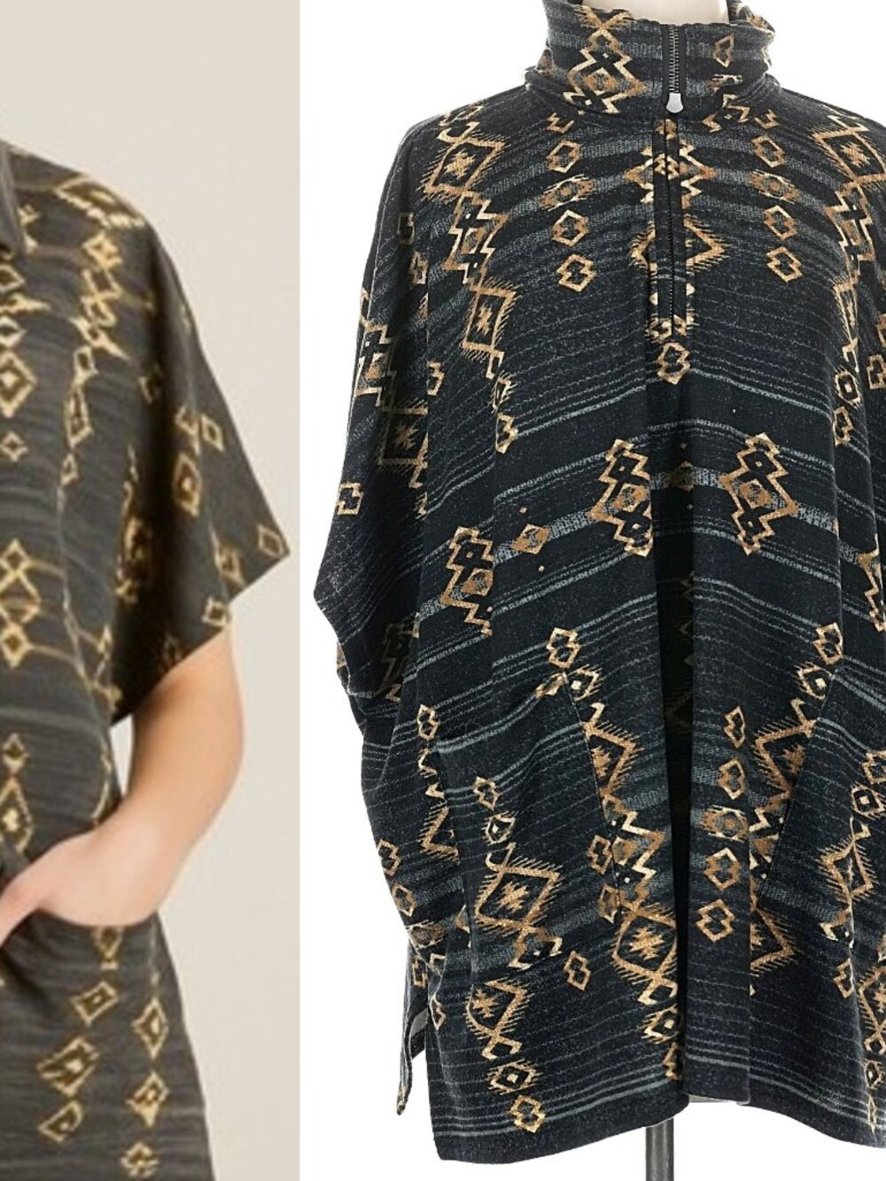 Double D Ranch Aztec Print Poncho M OS? B68" Lightweight Fleece, 1/4Zip, Pockets